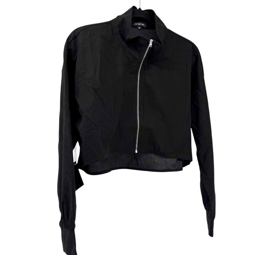Black Bomber Jacket with Metallic Zipper and High Collar